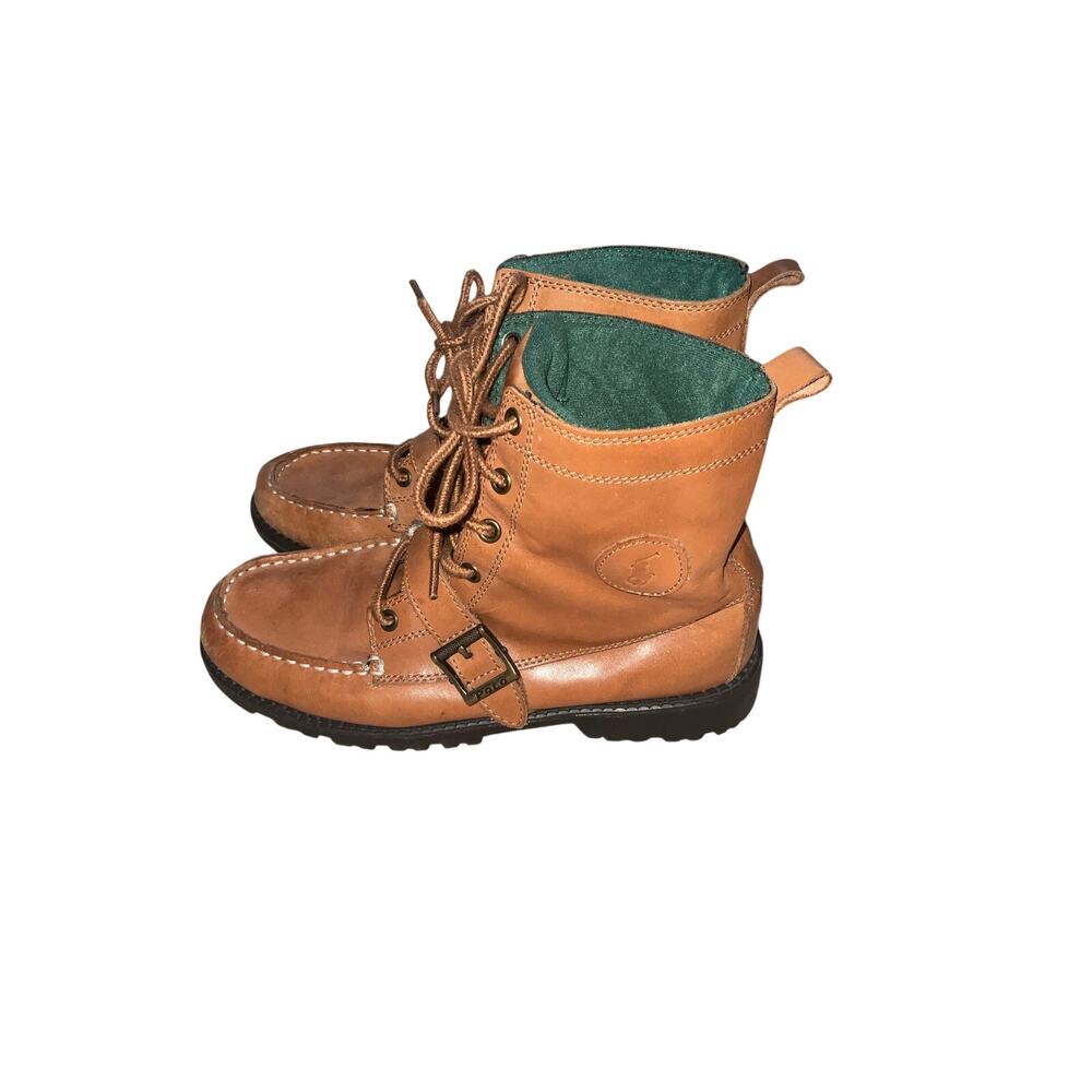 Polo Ralph Lauren Ranger Hi II Leather Boots Tan Green Buckle Strap Size 6.5